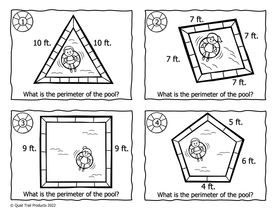 Black-and-white perimeter cards 1–4 show triangle, rhombus, square, and pentagon pools with lengths in feet
