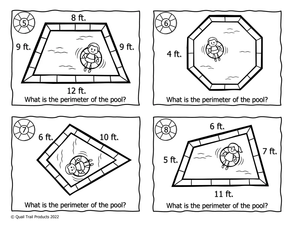 Black-and-white perimeter cards 5–8 show trapezoid, octagon, kite, and quadrilateral pools measured in feet