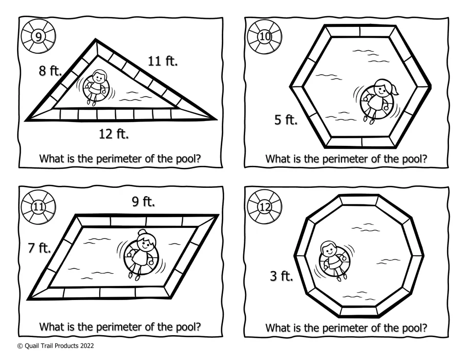 Black-and-white perimeter cards 9–12 show triangle, hexagon, parallelogram, and decagon pools