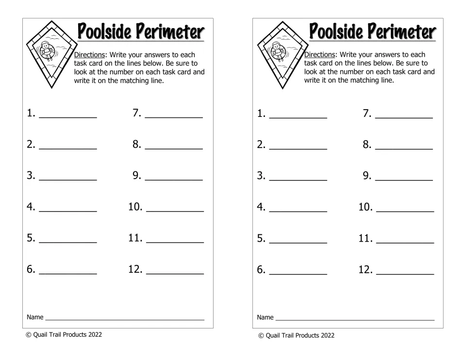 Black-and-white recording sheet for perimeter cards 1–12, printed twice, with directions to record answers