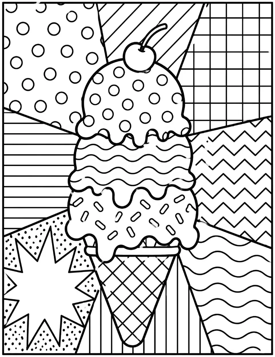 Pop art ice cream coloring page: students color a three-scoop cone with a cherry, sprinkles and dots, plus a starburst