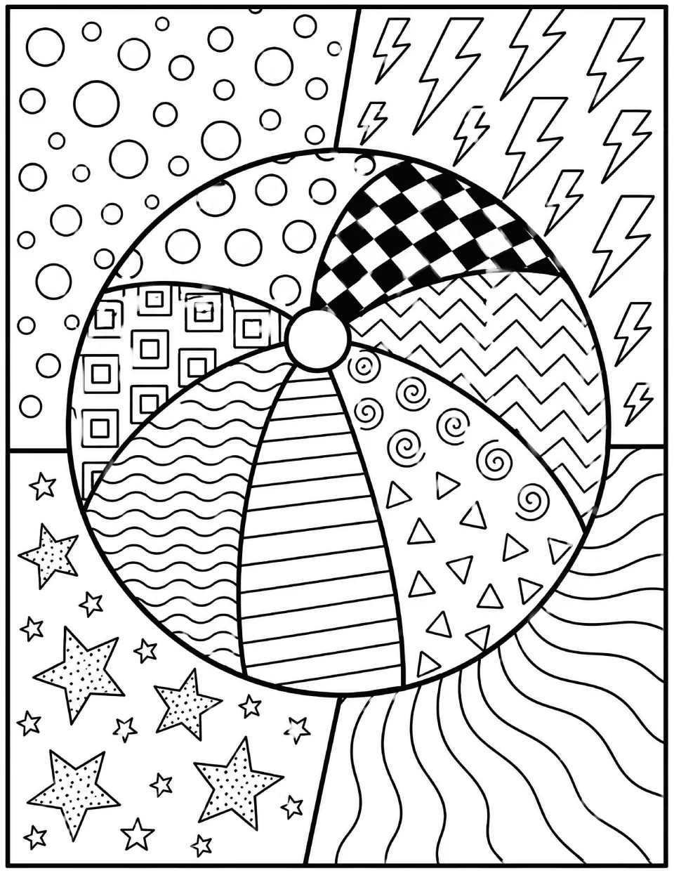 Pop art beach ball coloring page: students color a ball of checkered, swirl and wavy panels on stars and lightning bolts