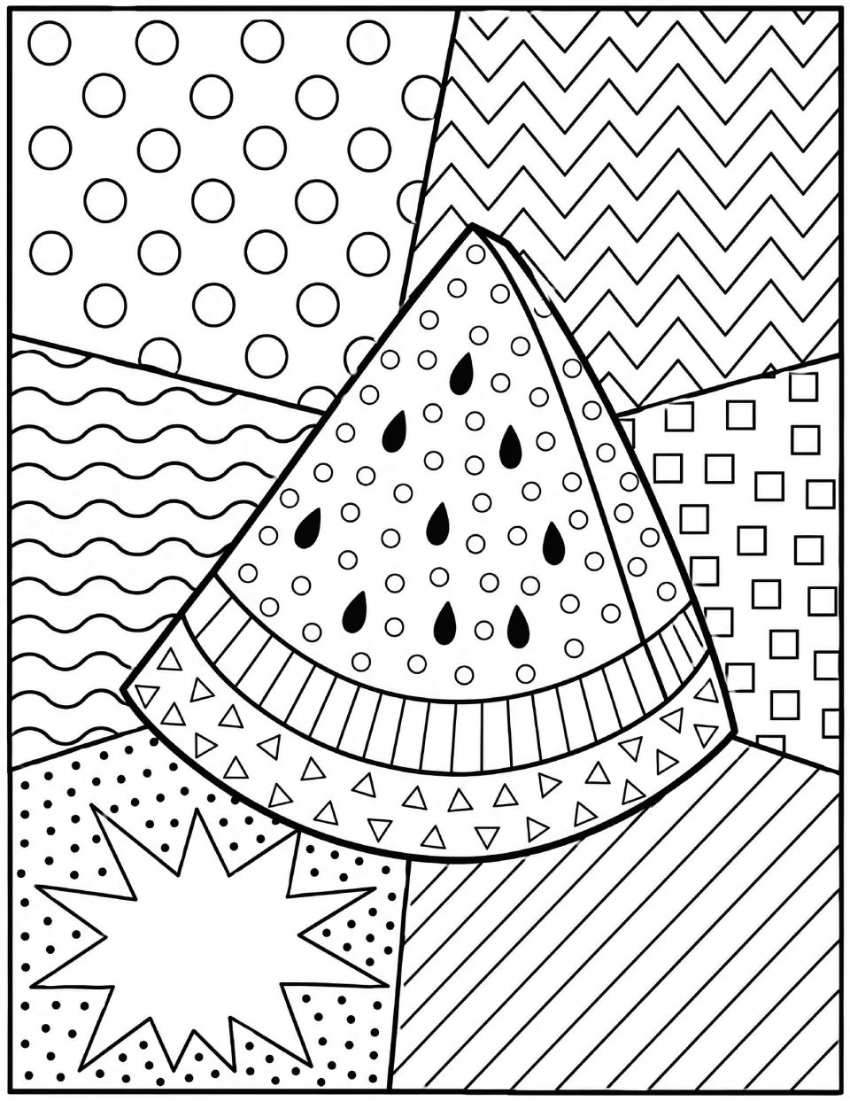 Pop art watermelon slice coloring page: students color a dotted slice with black seeds and a triangle-patterned rind
