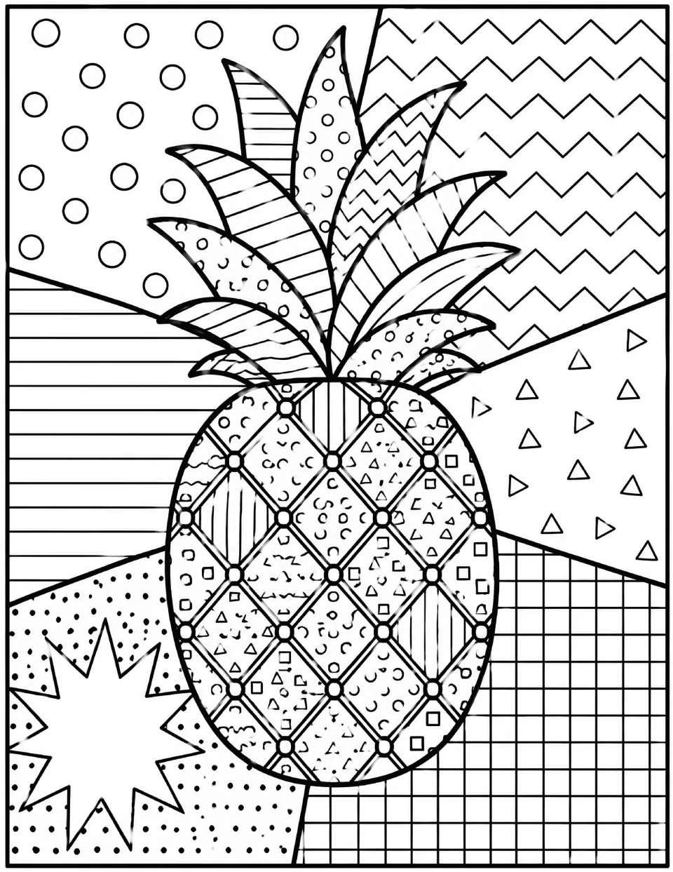 Pop art pineapple coloring page: students color a diamond-patterned pineapple with striped and dotted leaves