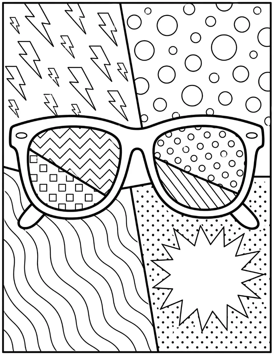 Pop art sunglasses coloring page: students color zigzag, square and dotted lenses against lightning bolts and a starburst