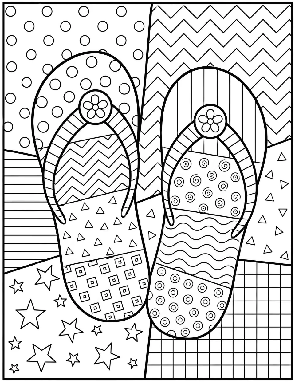 Pop art flip-flops coloring page: students color two flower-topped sandals with swirls, triangles, waves and squares