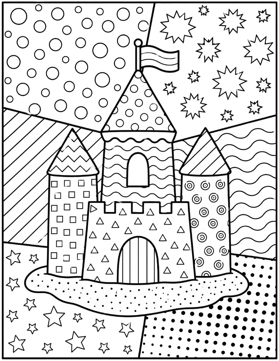 Pop art sandcastle coloring page: students color a castle with three towers, a flag, an arched door and stars all around