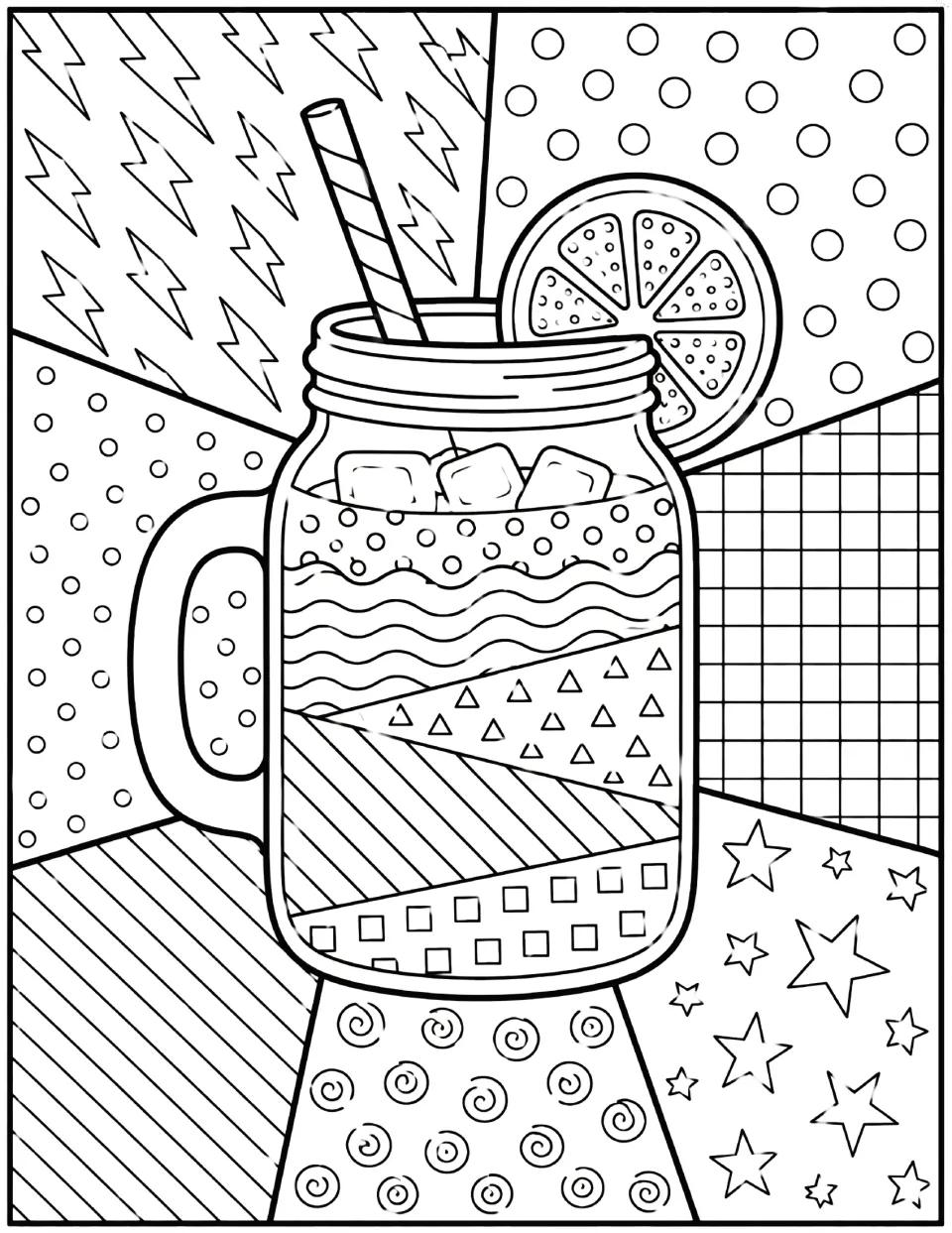 Pop art iced drink coloring page: students color a mason jar with ice cubes, a striped straw and a citrus slice