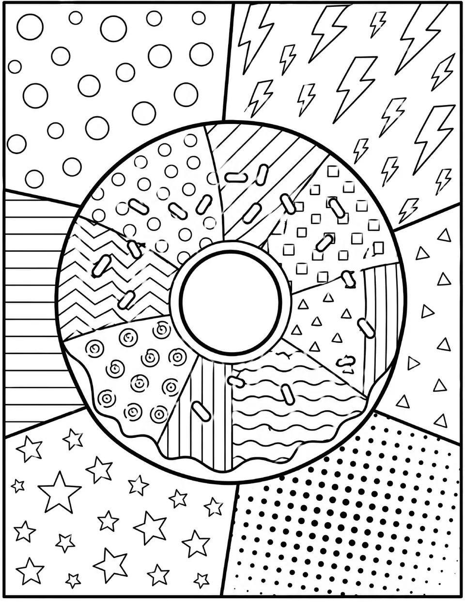 Pop art donut coloring page: students color a sprinkle-topped donut split into dotted, zigzag, swirl and wavy wedges