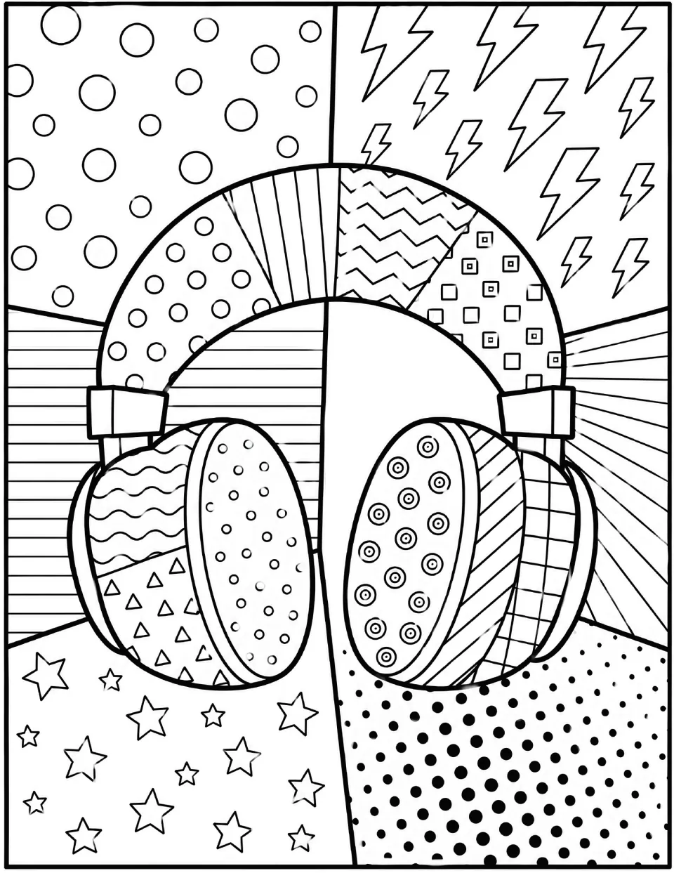 Pop art headphones coloring page: students color patterned headphones with dotted ear cups on stars and lightning bolts