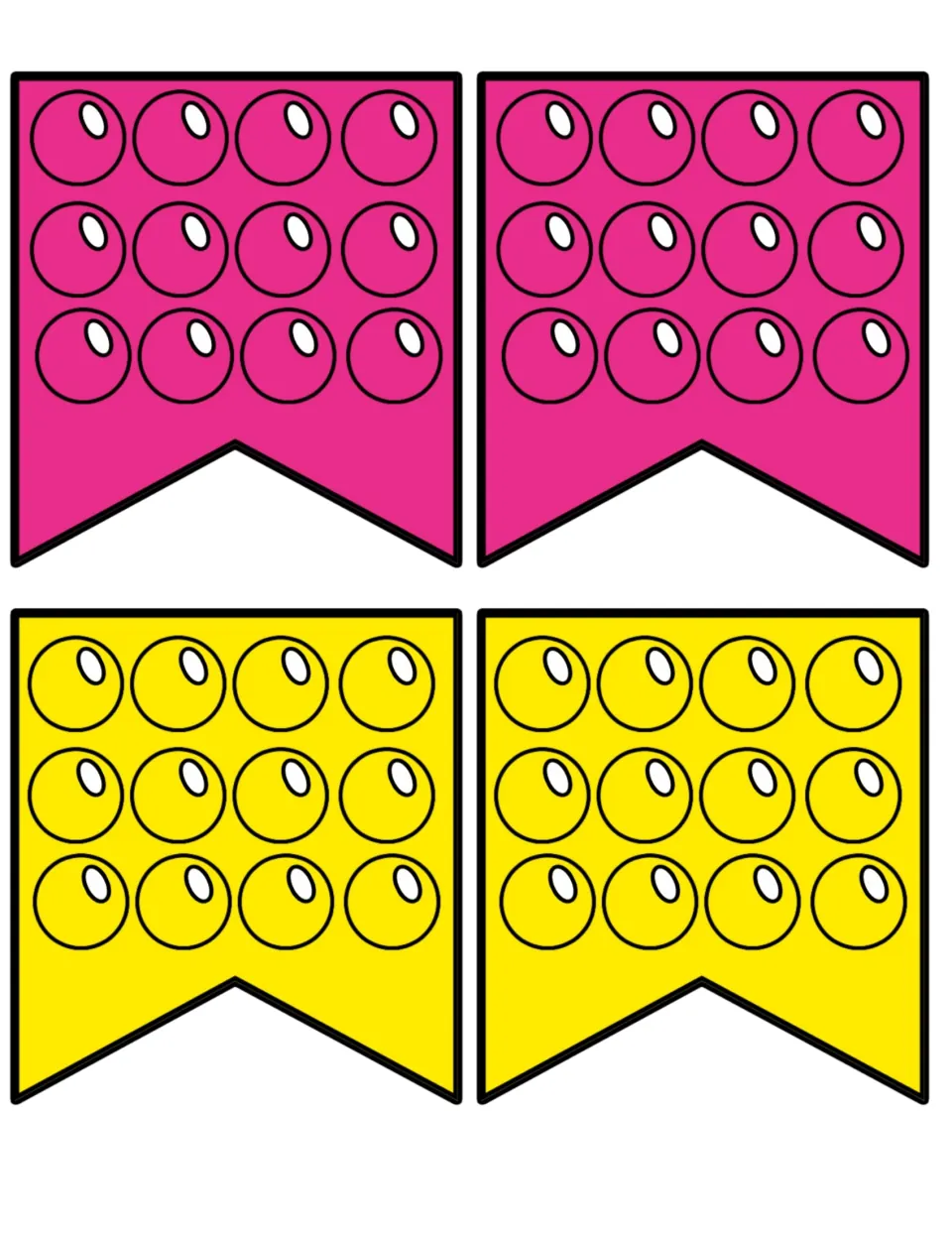 Pop-it banner pennants: four cut-out flags, two pink and two yellow, each printed with 12 bubbles in three rows
