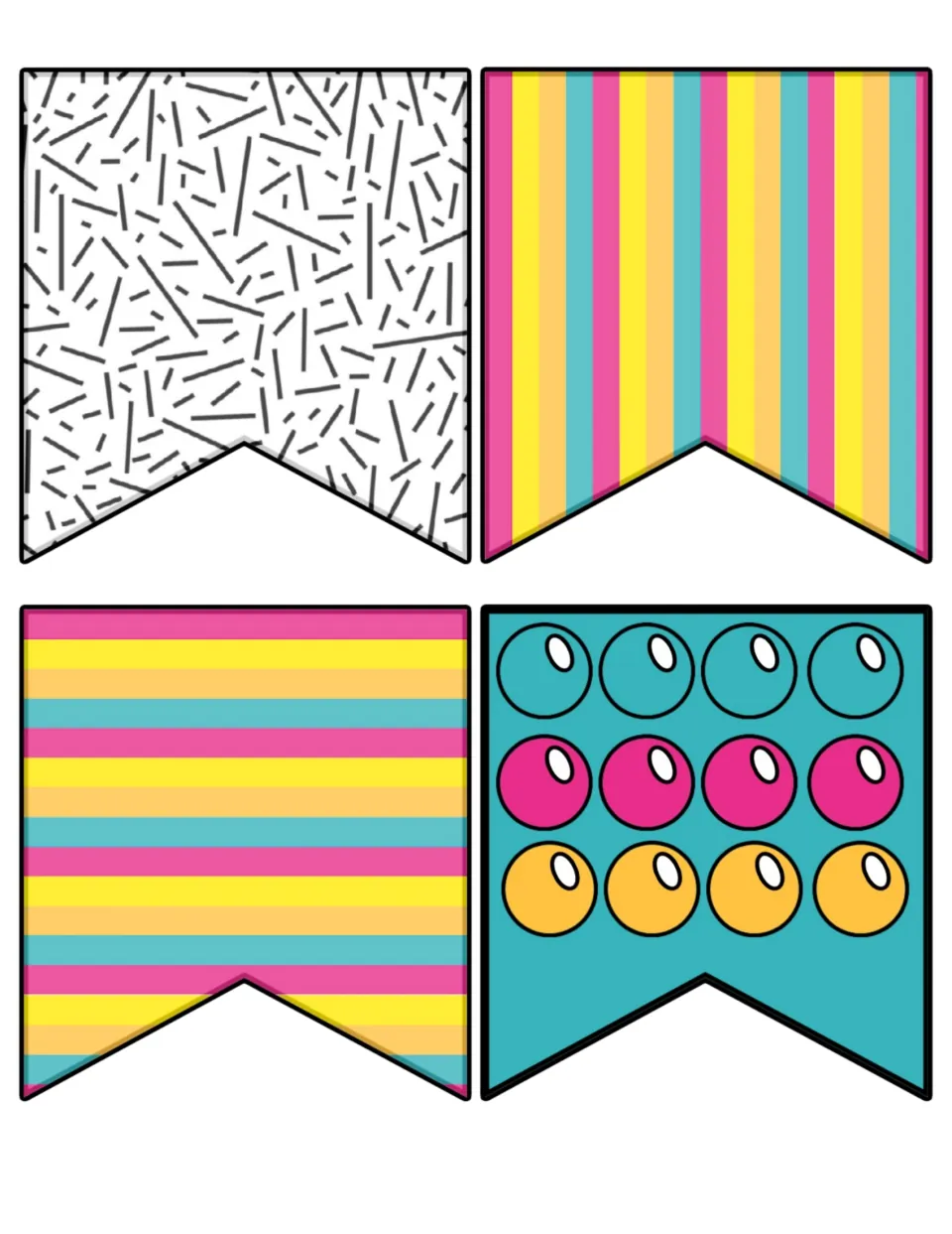 Pennant designs to cut out: black confetti dashes, vertical rainbow stripes, horizontal stripes and a teal pop-it flag
