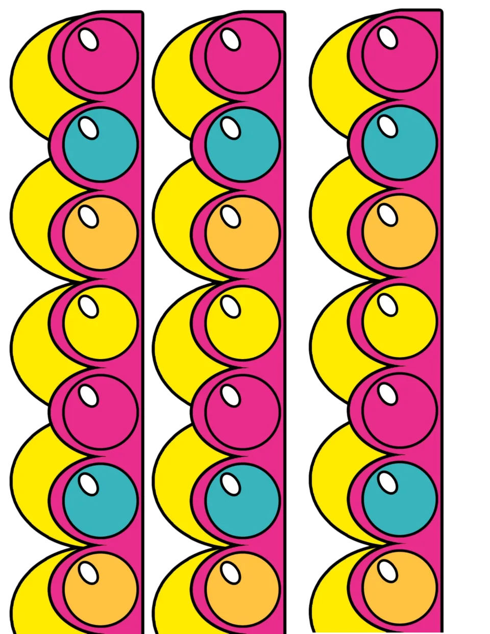 Scalloped pop-it trim: three long cut-out strips of pink, teal, orange and yellow bubbles over yellow scallops