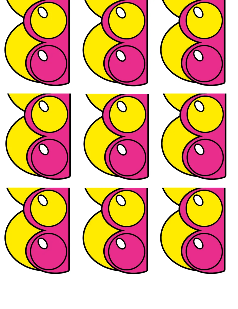 Pop-it trim end pieces: nine short cut-out pieces, each with one yellow and one pink bubble and yellow scallops