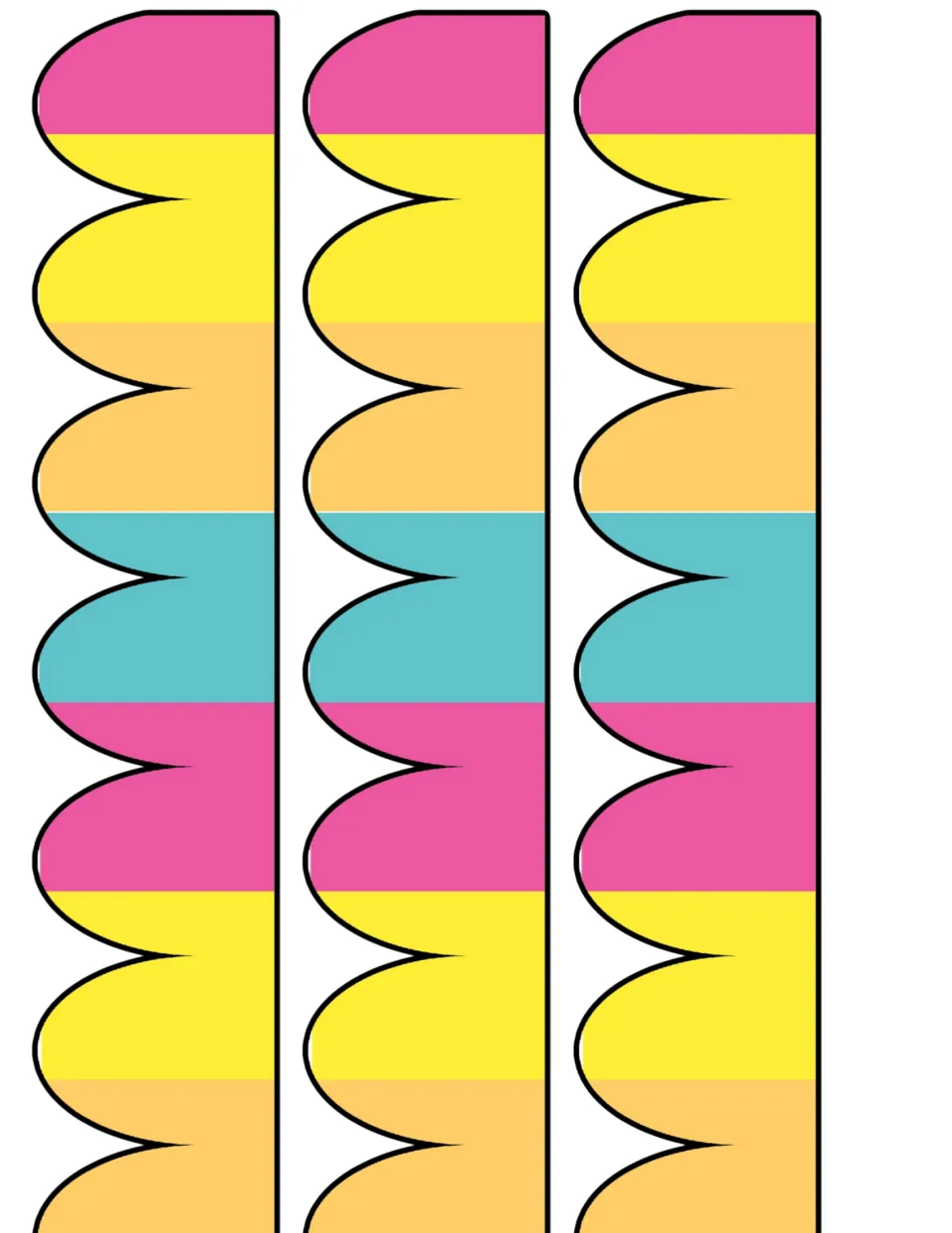 Rainbow scallop trim: three long cut-out strips with wavy edges in repeating pink, yellow, orange and teal color bands