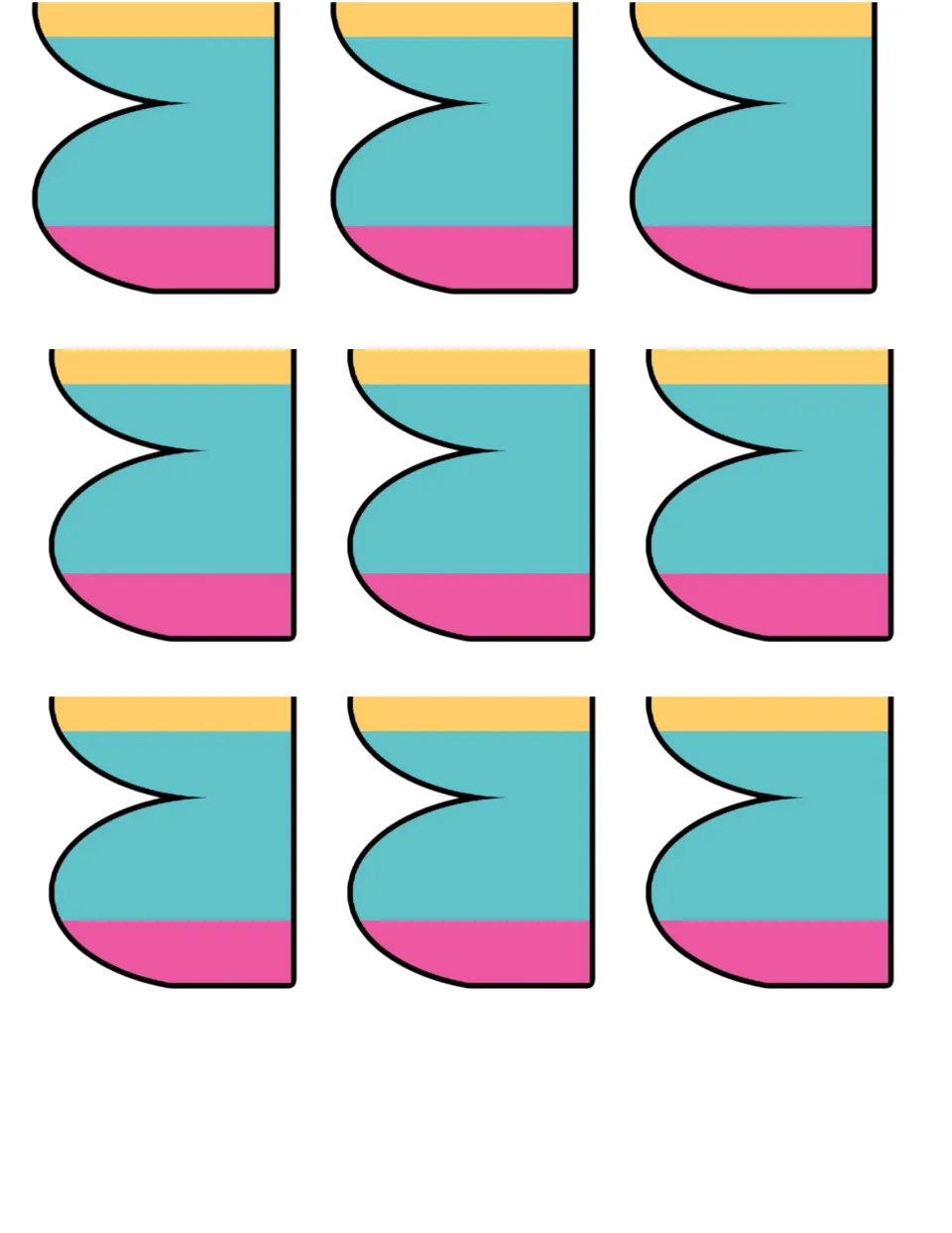 Rainbow scallop end pieces: nine short cut-out pieces in orange, teal and pink that extend the wavy striped strips