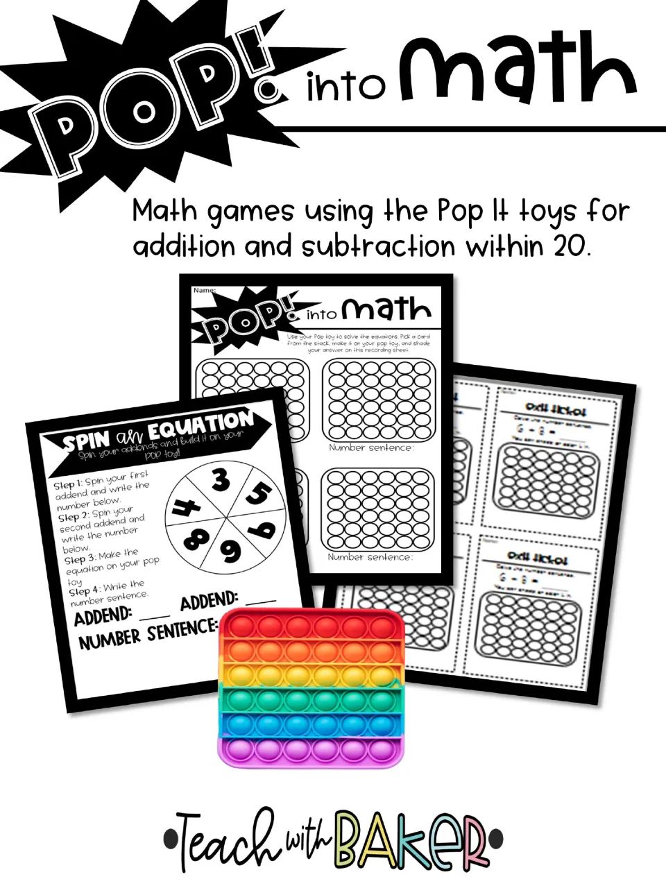 Cover introducing Pop It math games for addition and subtraction within 20, with sample activity pages