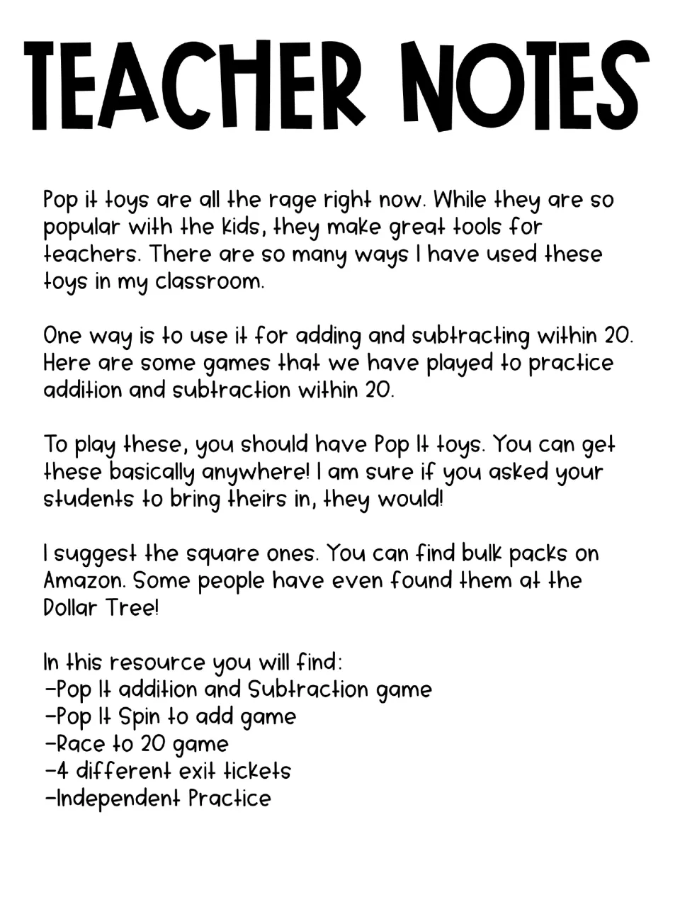 Teacher notes list Pop It addition and subtraction, Spin to Add, Race to 20, and four exit tickets