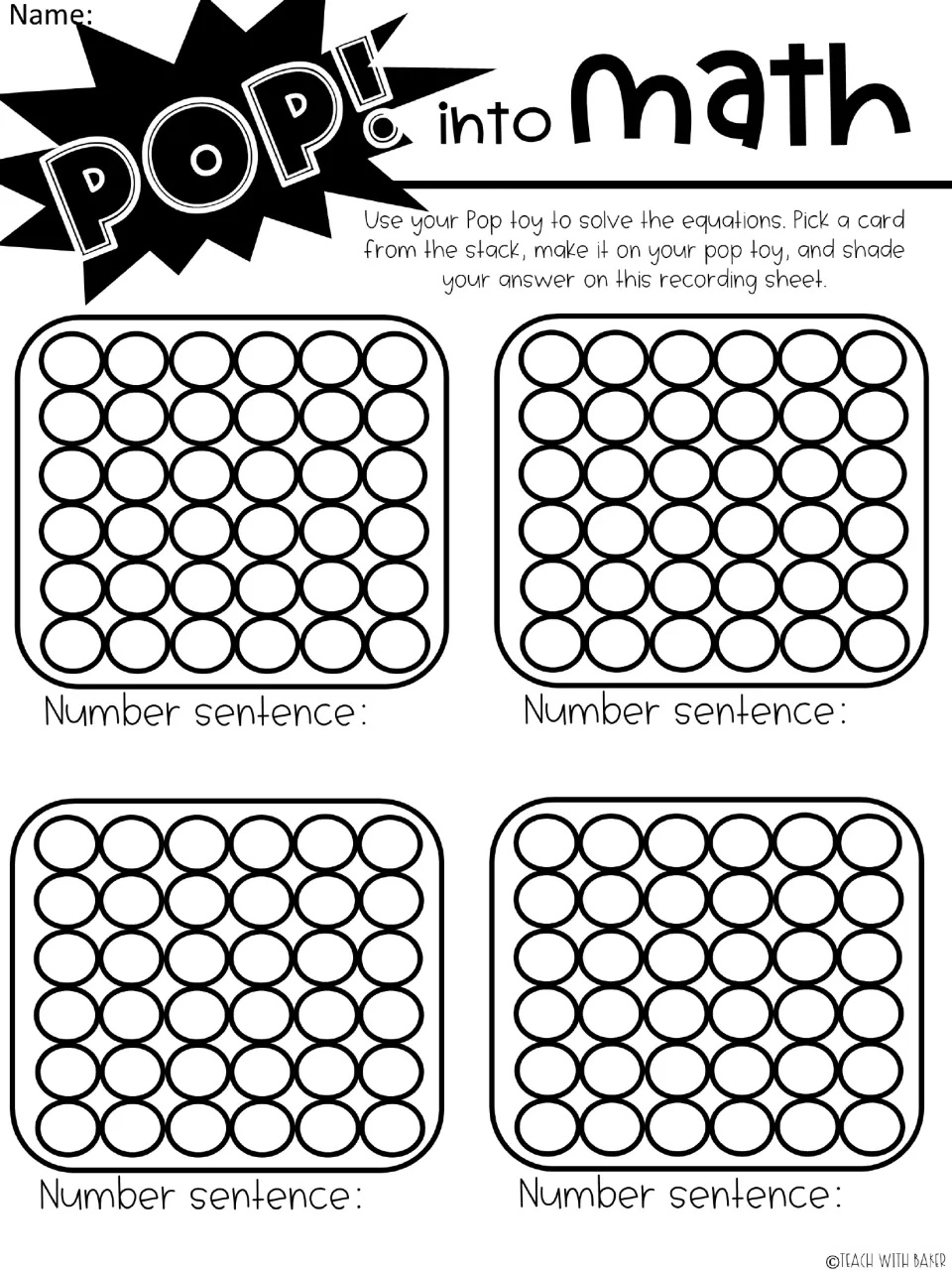 Recording sheet for four equation cards asks students to use a Pop It, shade answers, and write number sentences