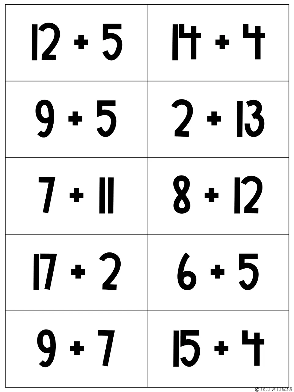 Ten addition cards within 20 for the Pop It game, including 12 + 5, 14 + 4, 9 + 5, and seven more