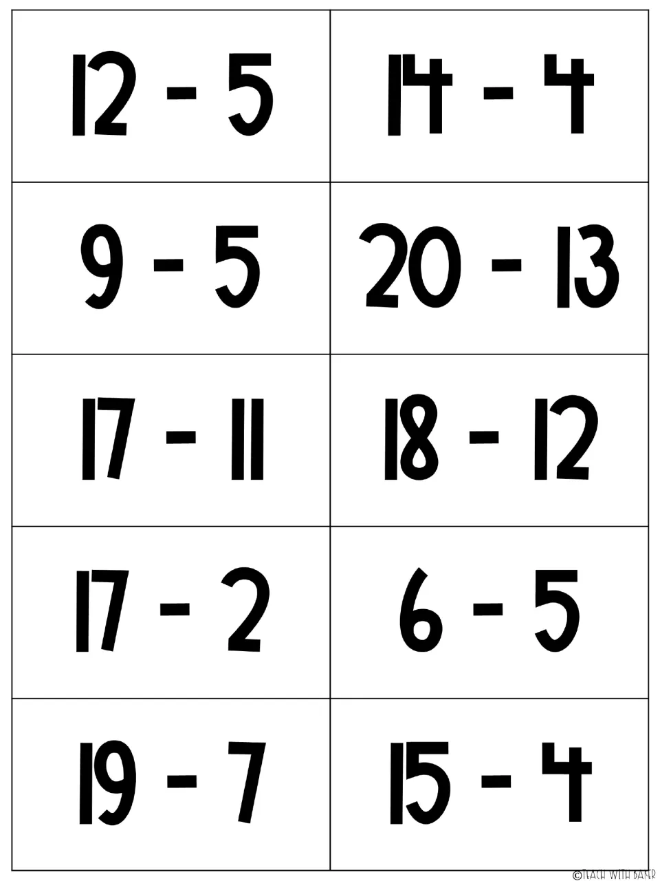 Ten subtraction cards within 20 for the Pop It game, including 12 − 5, 14 − 4, 9 − 5, and seven more