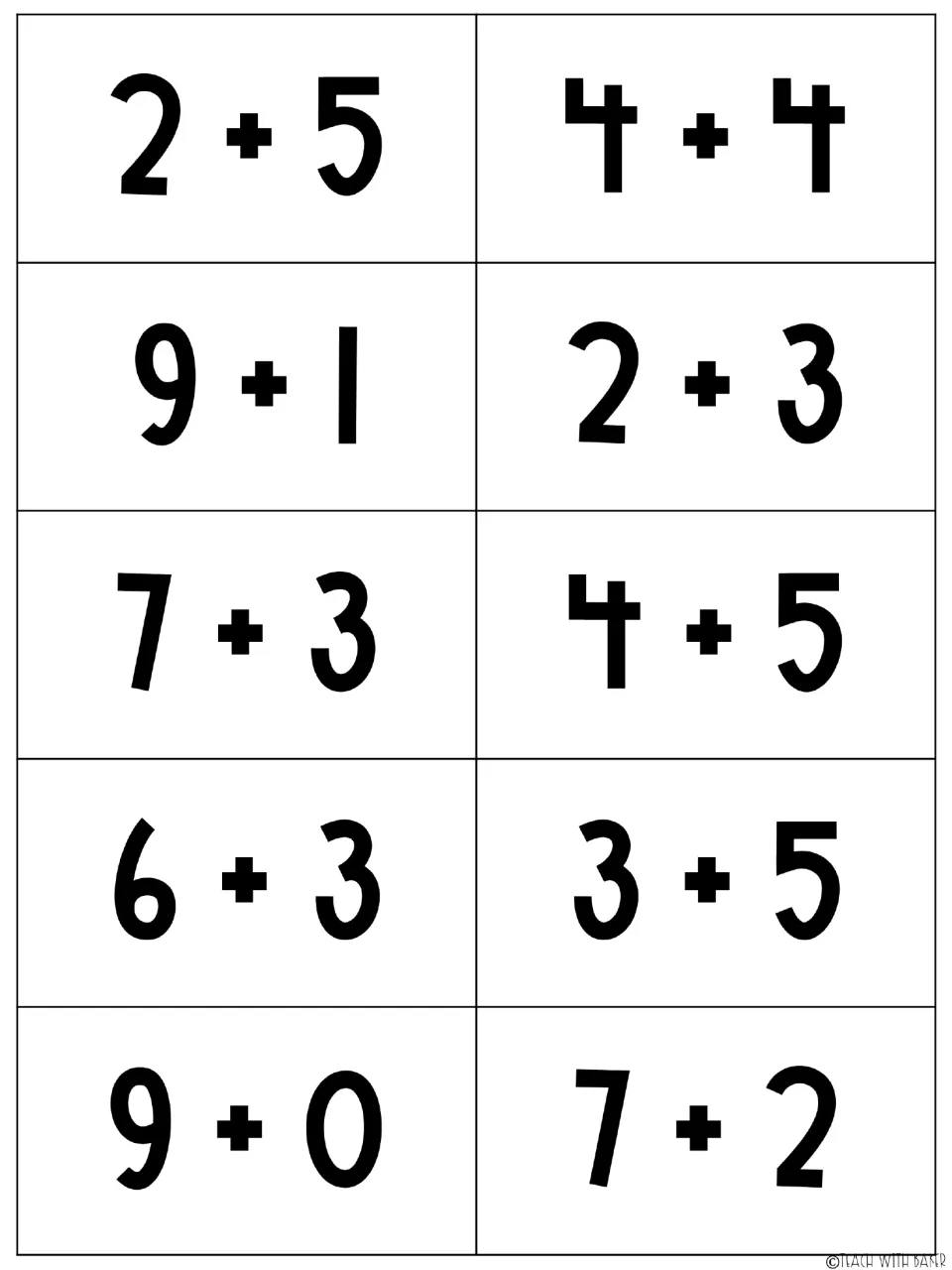 Ten addition cards within 10 for the Pop It game, including 2 + 5, 4 + 4, 9 + 1, and seven more