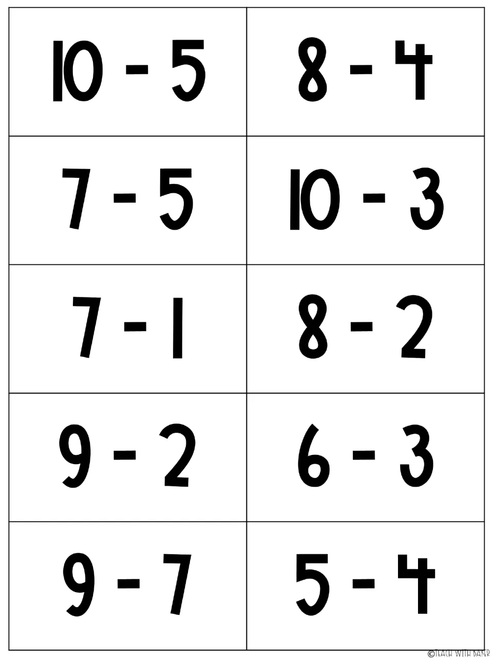 Ten subtraction cards within 10 for the Pop It game, including 10 − 5, 8 − 4, 7 − 5, and seven more