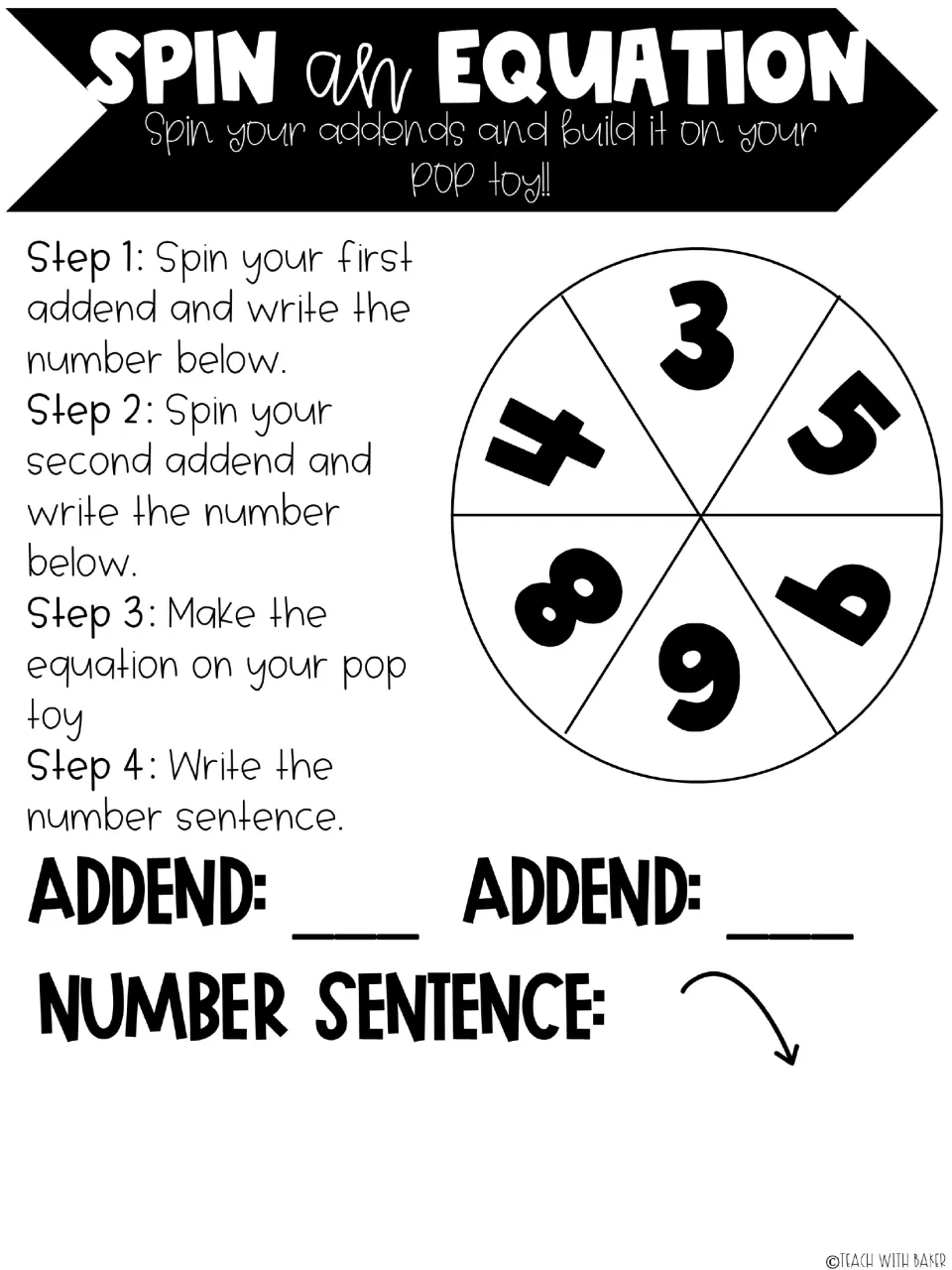 Spin an Equation activity asks students to spin two addends, model them on a Pop It, and write a number sentence