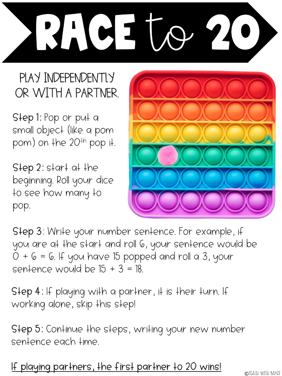 Race to 20 directions explain rolling dice, popping bubbles, and recording addition alone or with a partner