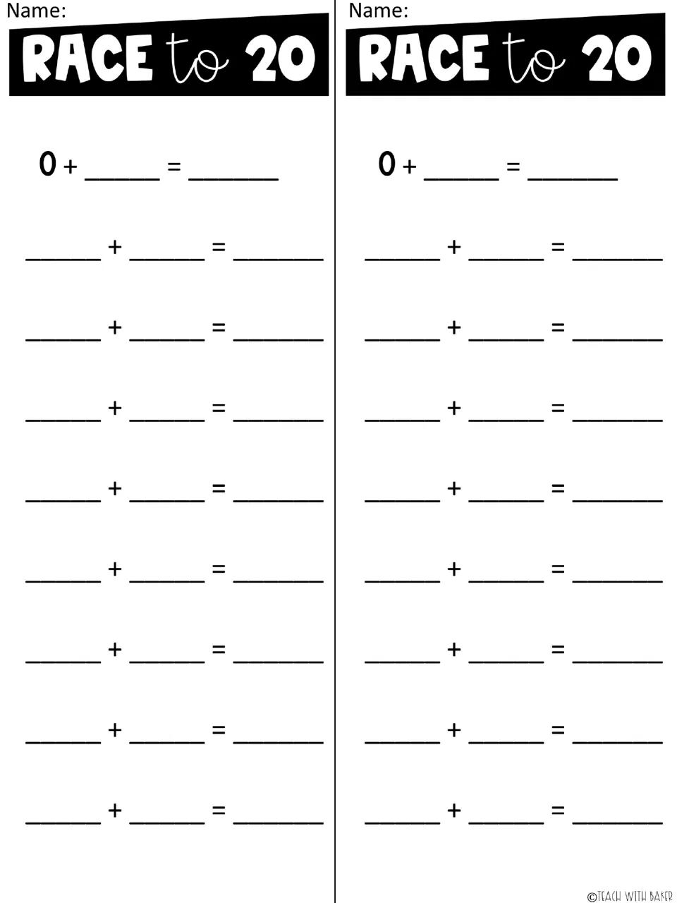 Two Race to 20 recording slips each provide nine addition sentences, starting with 0 plus the first roll