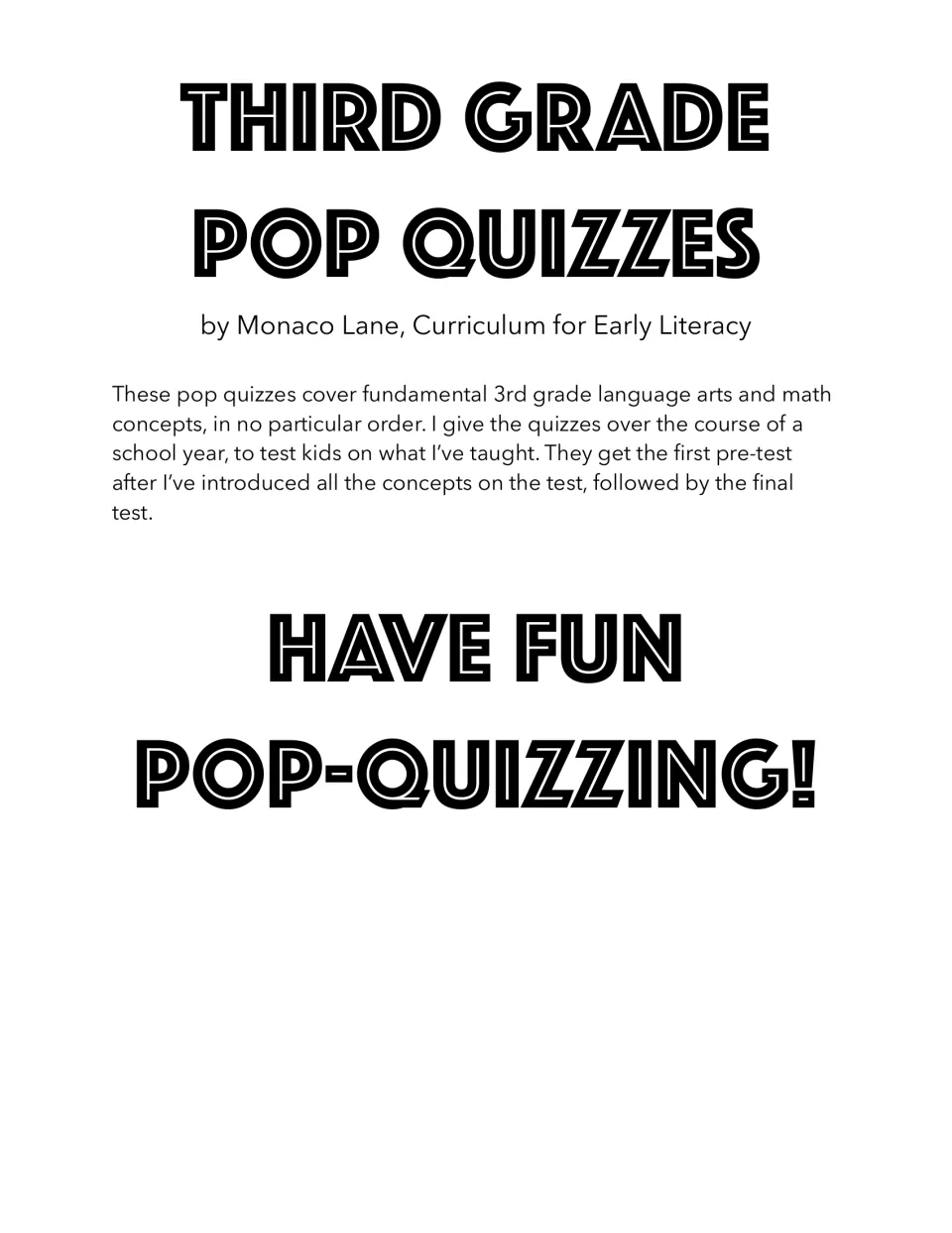Third Grade Pop Quizzes cover: author note says quizzes mix language arts and math, with a pre-test then a final test