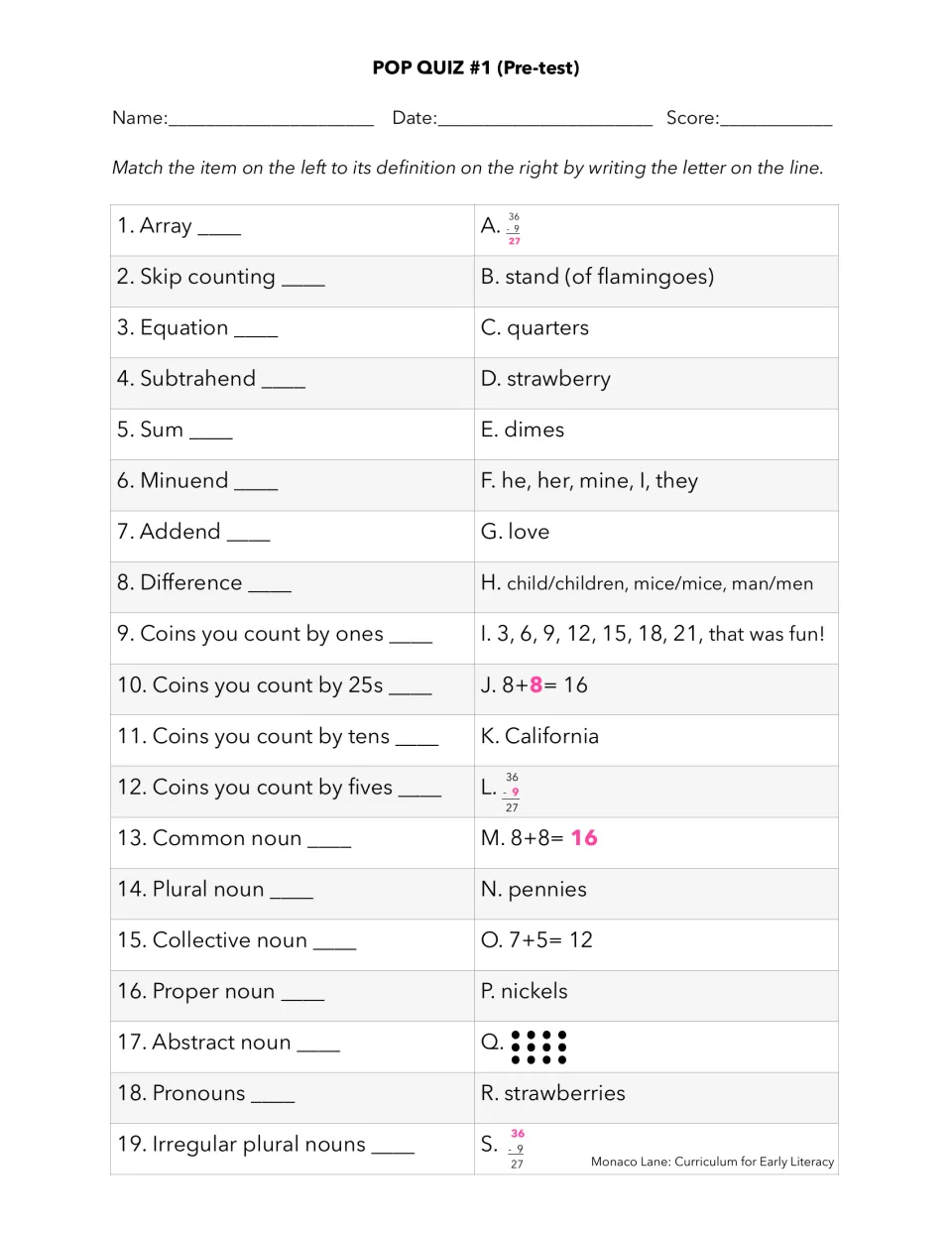 Pop Quiz #1 pre-test: students match 19 terms, from array and minuend to coins and noun types, to examples