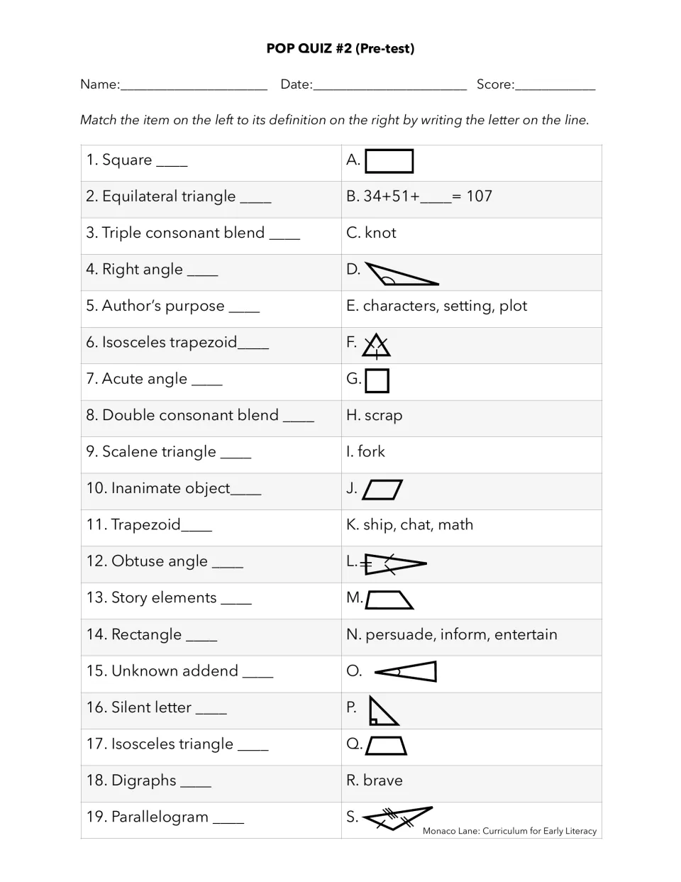 Pop Quiz #2 pre-test: students match shapes, angles, consonant blends, digraphs and story elements to examples