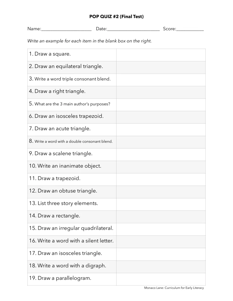 Pop Quiz #2 final test: students draw squares, triangles and quadrilaterals and write blend and digraph words