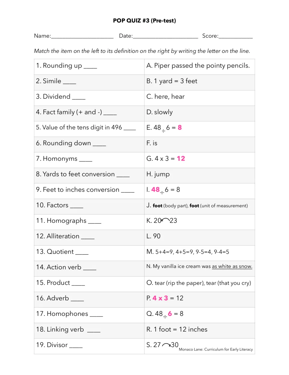 Pop Quiz #3 pre-test: students match rounding, division terms, homophones, similes and verbs to examples