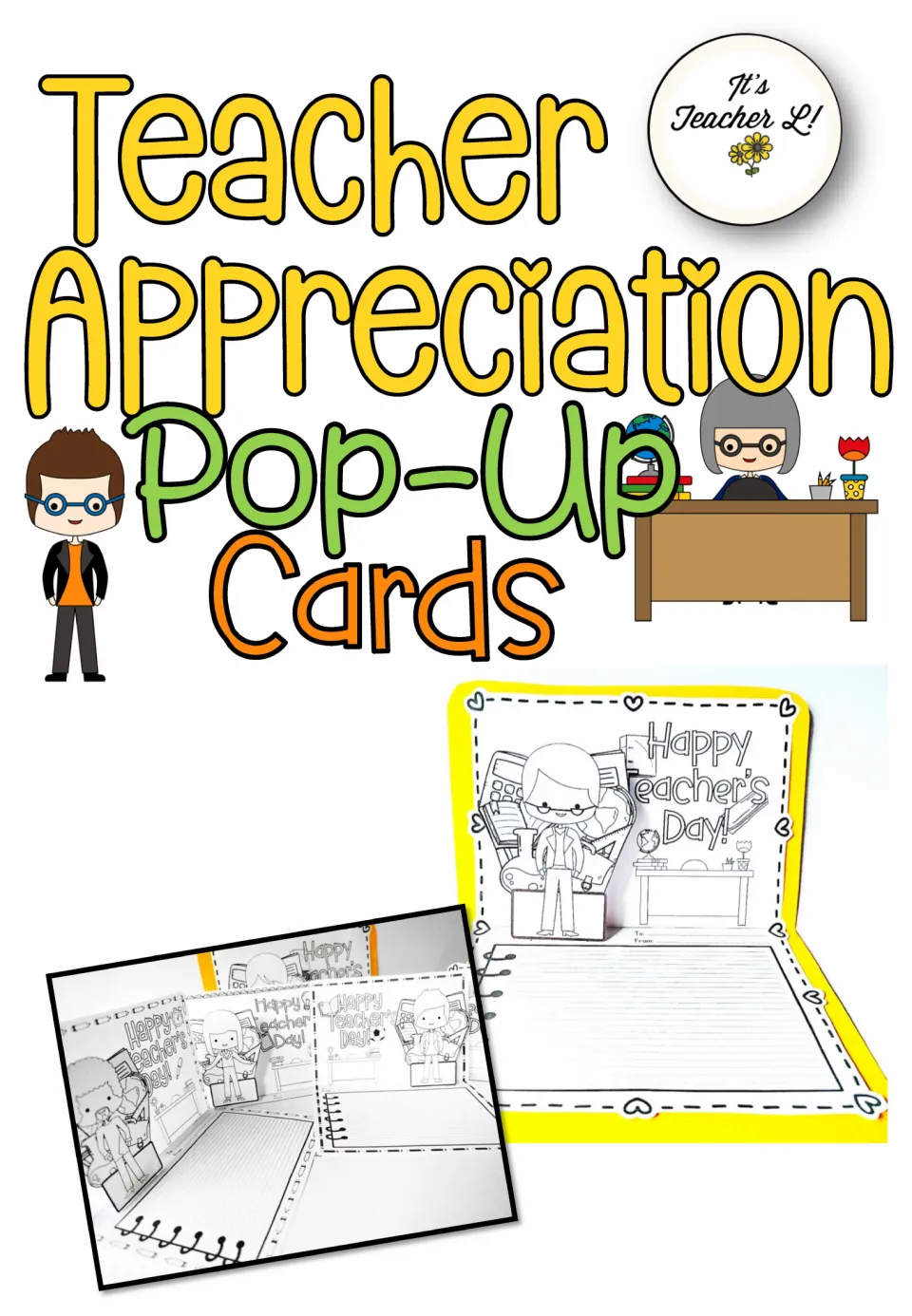 Teacher Appreciation Pop-Up Cards cover with photos of finished Happy Teacher's Day cards showing a teacher and desk pop-up