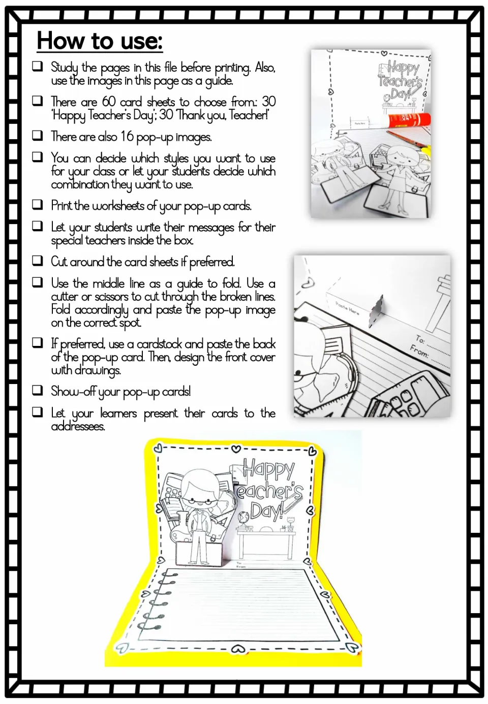 How to use: steps for printing, writing a message, cutting the broken lines, folding and pasting the pop-up image