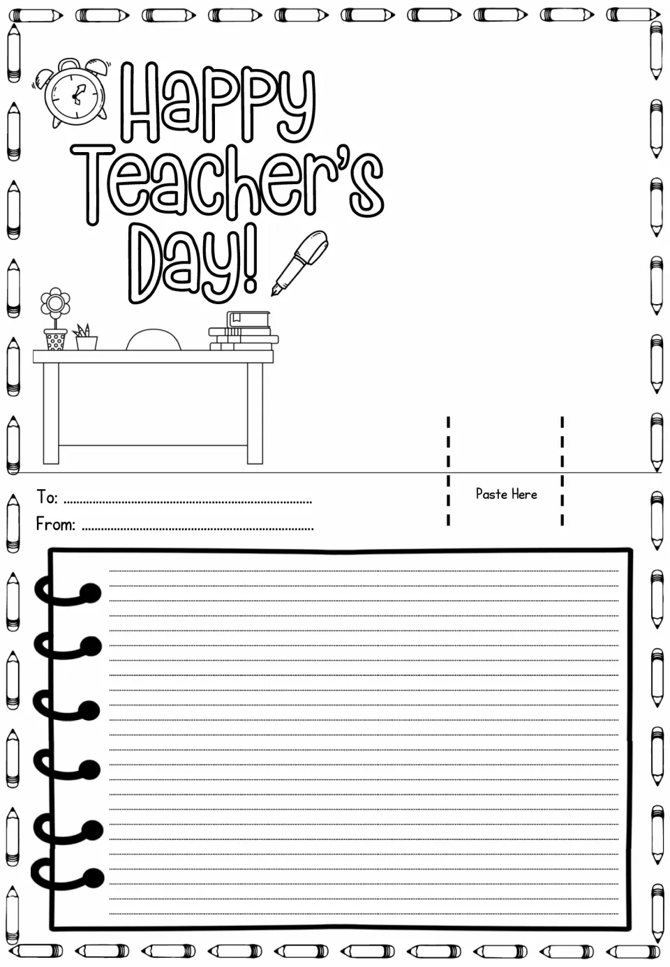 Happy Teacher's Day card sheet with alarm clock, pen and a desk; students write a To/From message and paste a pop-up