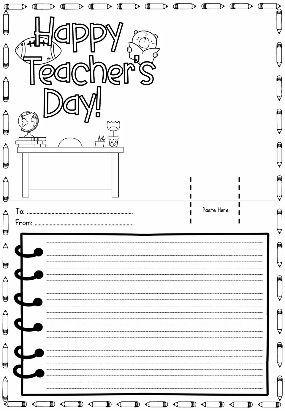 Happy Teacher's Day card sheet with football, reading bear and globe on a desk; students write a message to their teacher