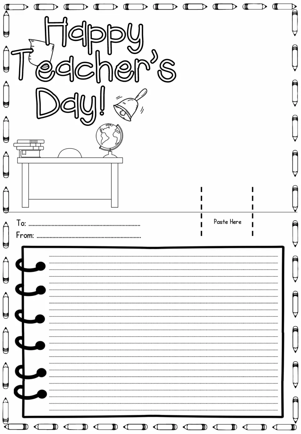 Happy Teacher's Day card sheet with a bell, paper scroll and globe; pop-up pastes at right, students write a note below