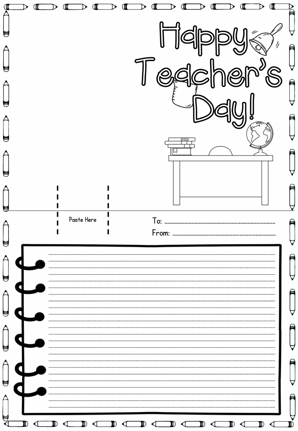 Happy Teacher's Day card with greeting at right beside a bell, beaker and globe; Paste Here at left for pop-up image