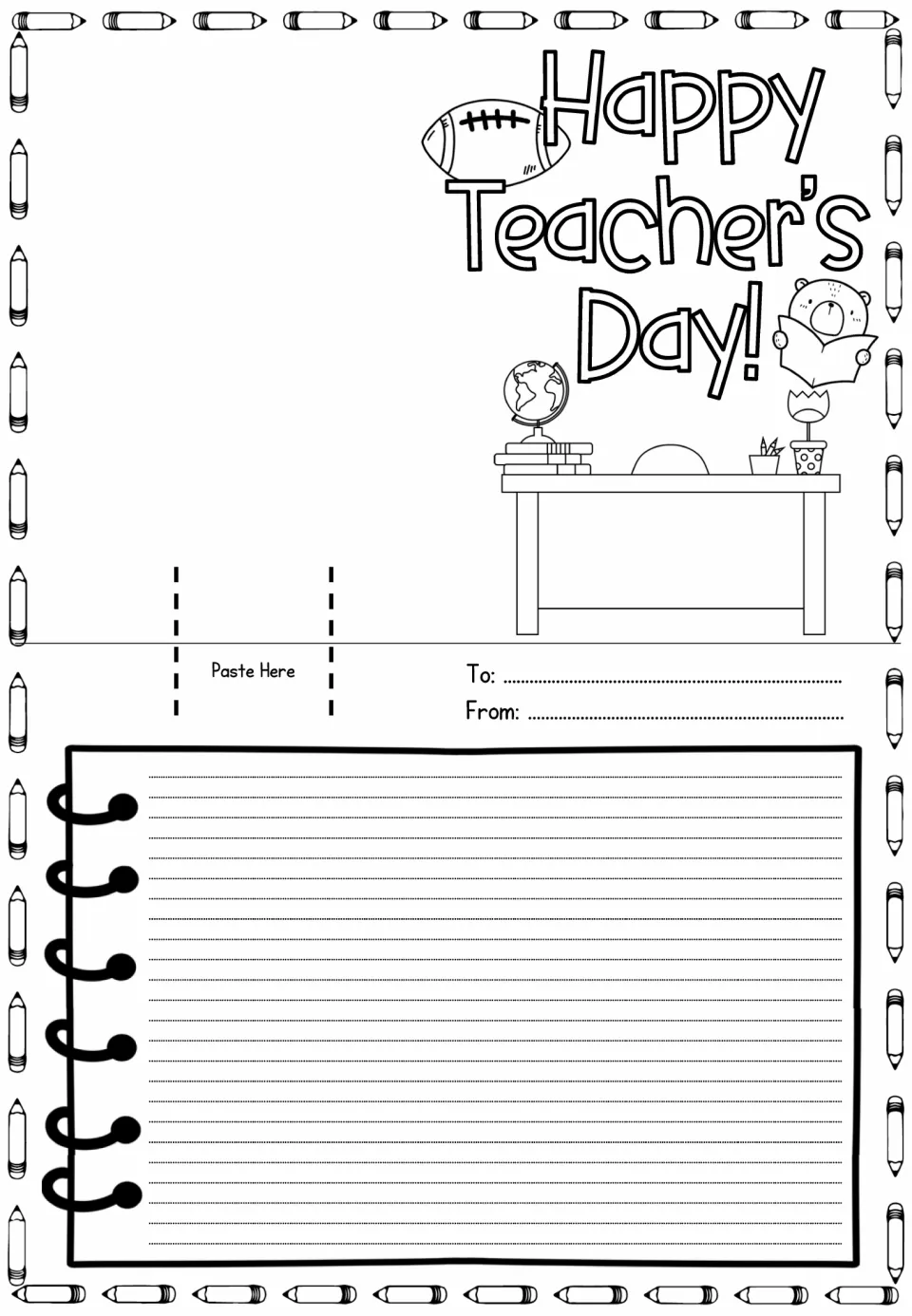 Mirrored Happy Teacher's Day sheet with football, bear reading and globe; students paste a pop-up and write a note