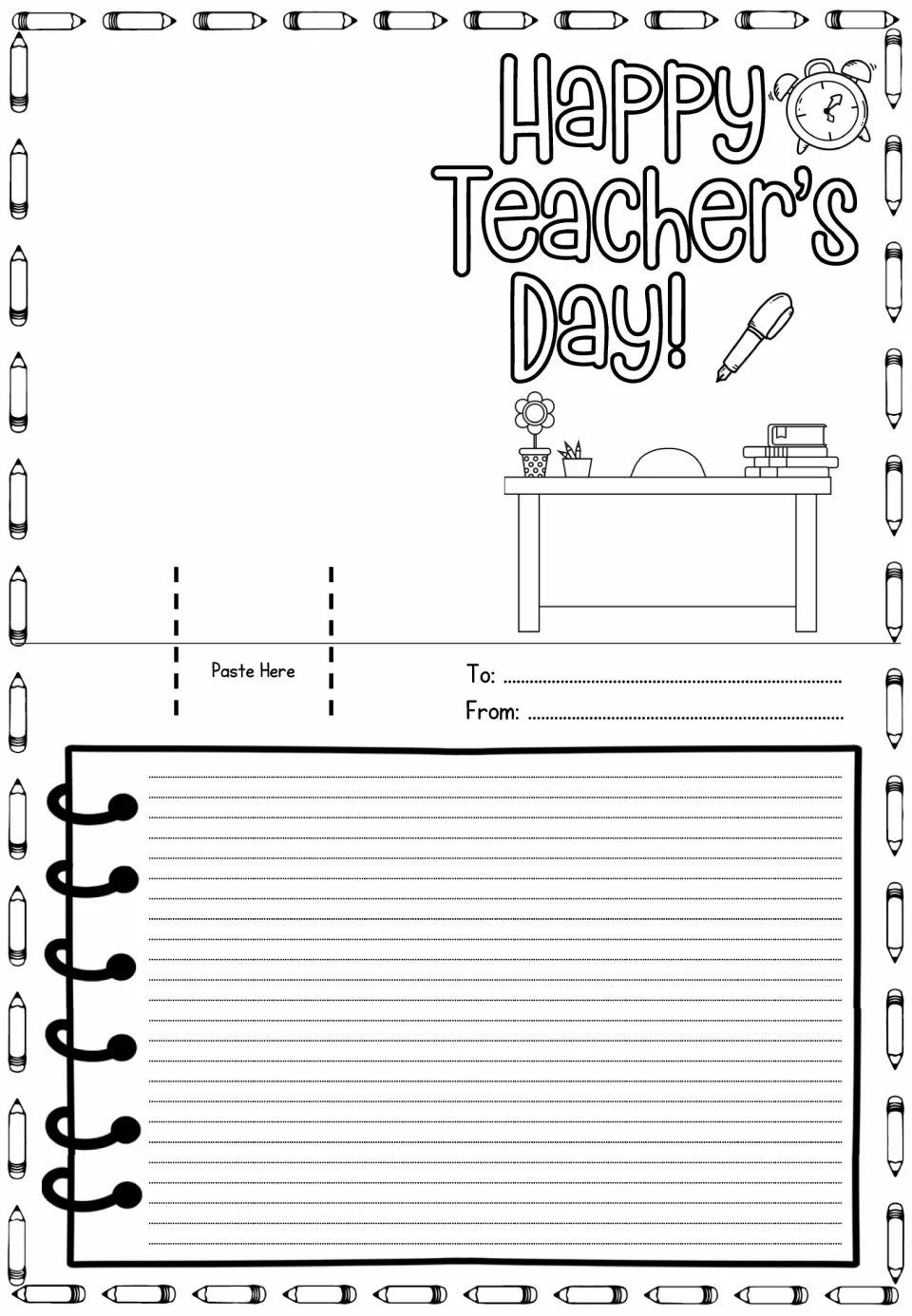 Mirrored Happy Teacher's Day sheet with alarm clock and pen; students fill in To and From and write a message