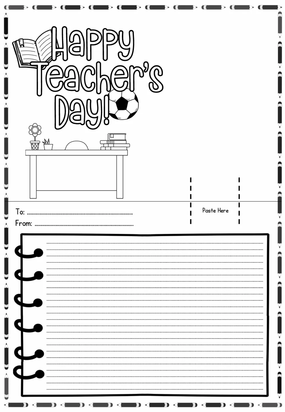 Happy Teacher's Day card sheet with open book and soccer ball; students compose a thank-you message to a teacher