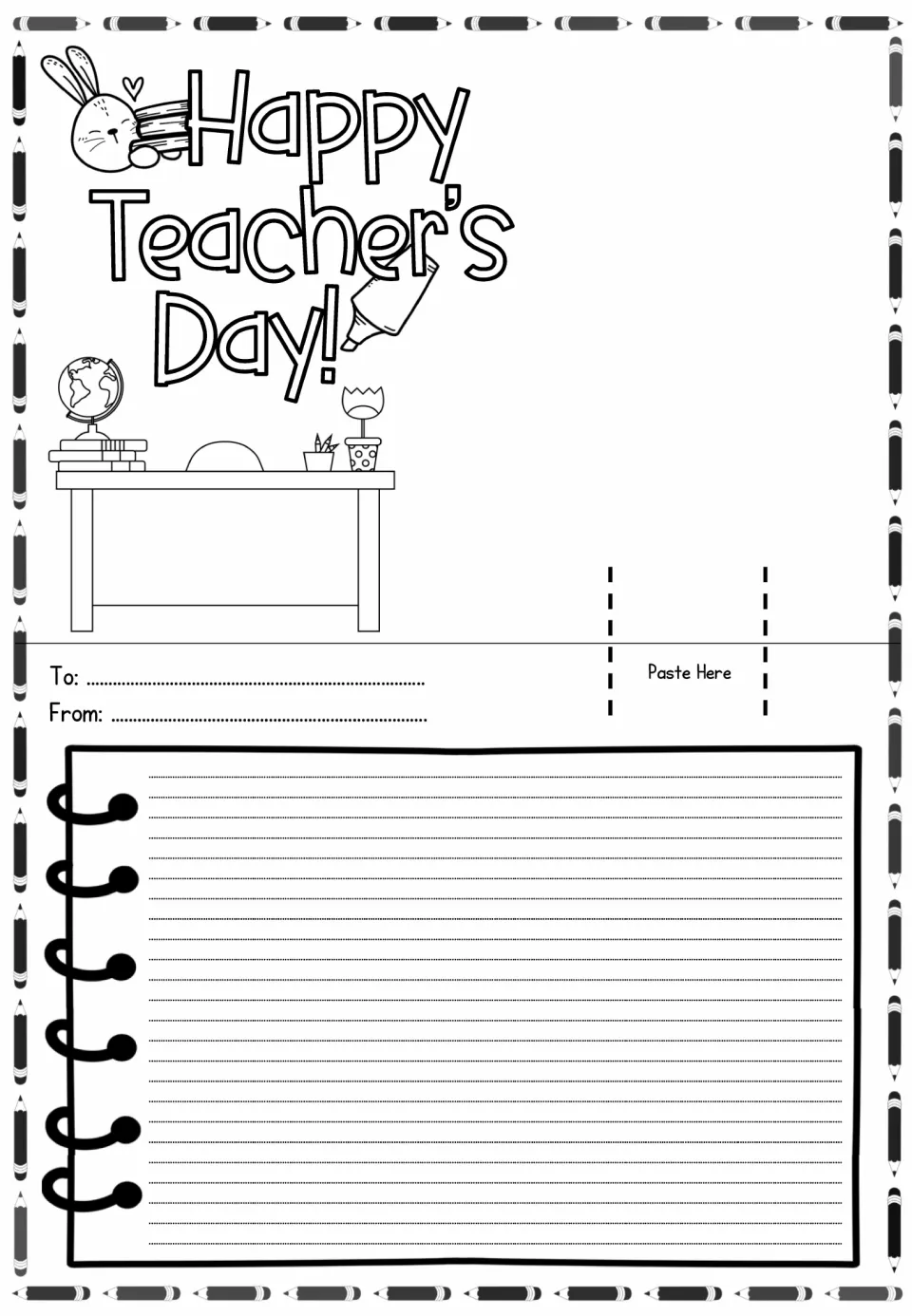Happy Teacher's Day card sheet with bunny, marker and globe on a desk; students write a personal message and add a pop-up