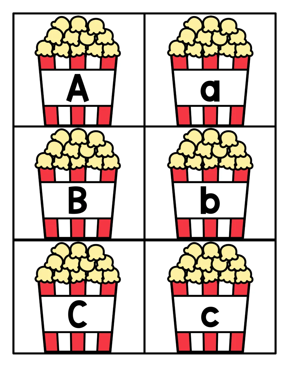 Letters A to C: six popcorn-bucket cards show uppercase A, B, C beside lowercase a, b, c for matching letter case
