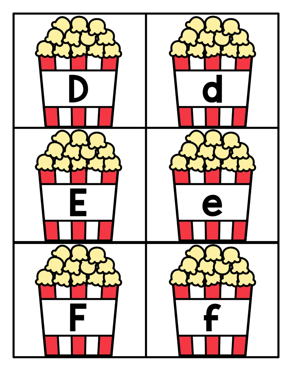 Letters D to F: popcorn-bucket cards pairing capital D, E, F with lowercase d, e, f for upper and lowercase matching