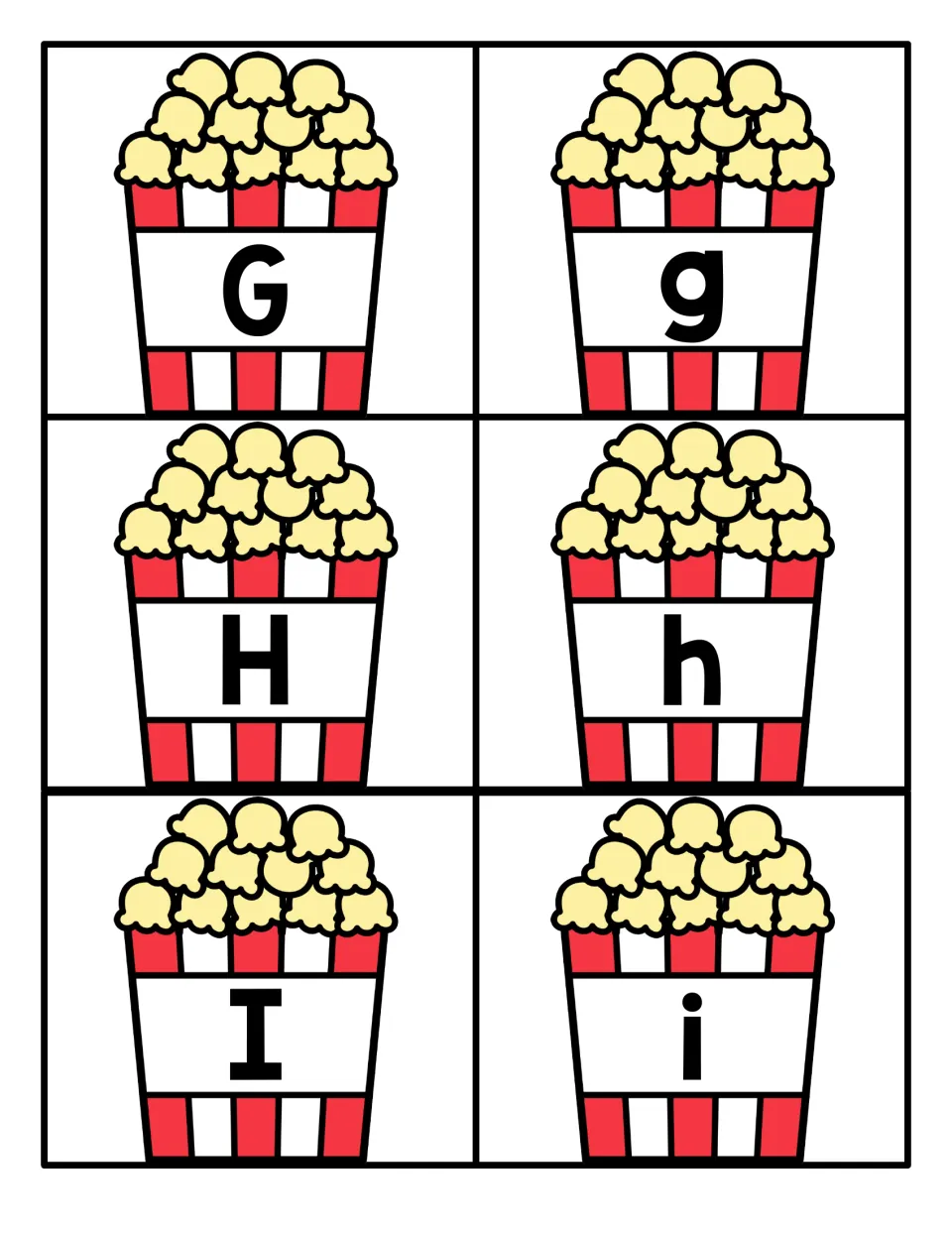 Letters G to I: six cut-apart cards with popcorn tubs showing G, H, I and their lowercase forms g, h, i to match