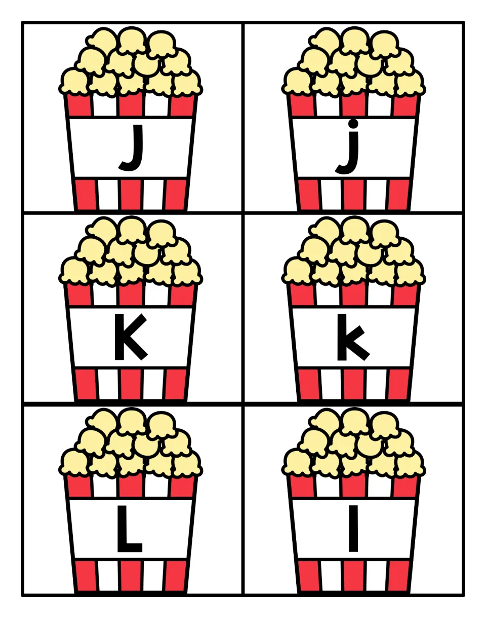 Letters J to L: snack-themed letter cards with uppercase J, K, L and lowercase j, k, l to pair capital and small letters