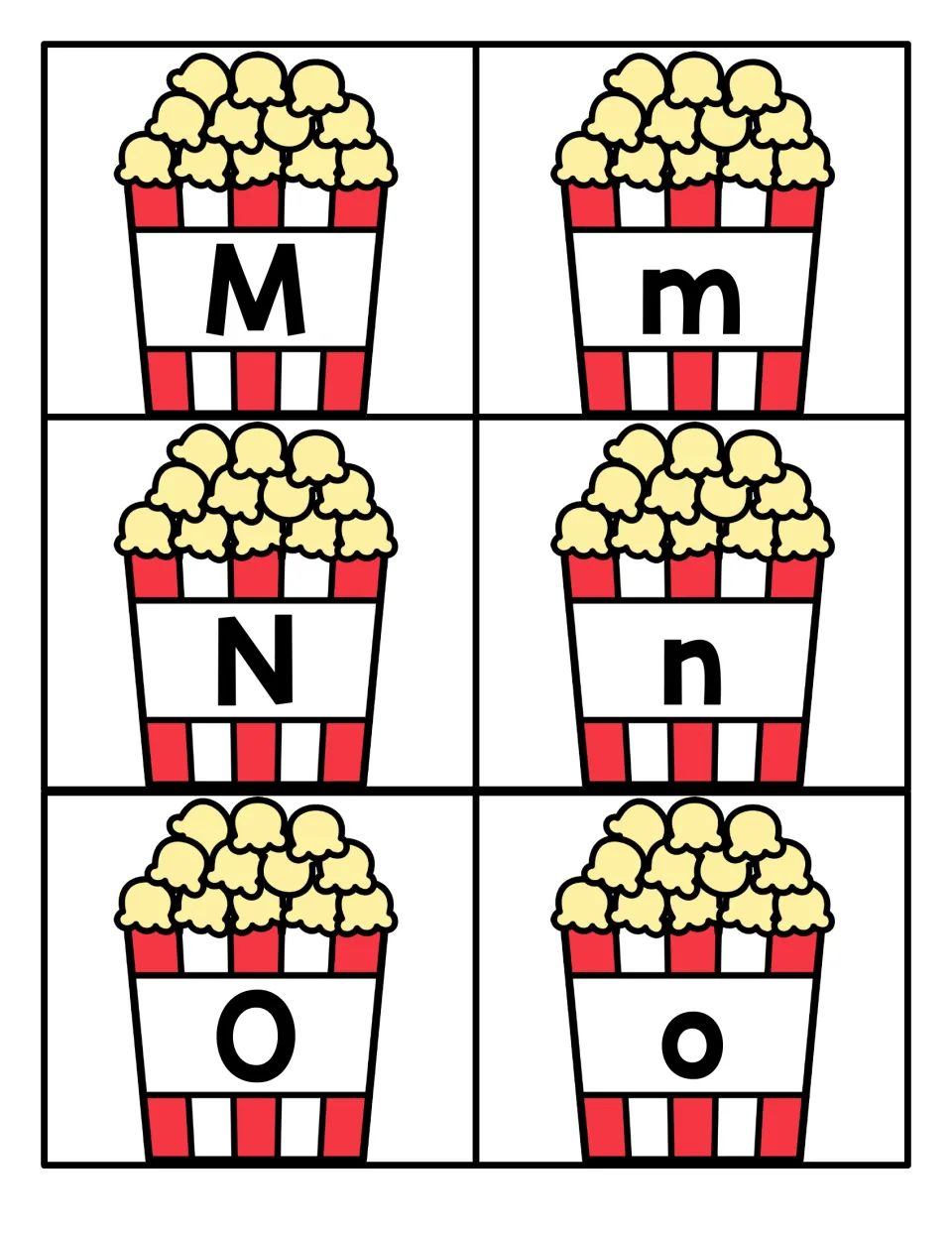 Letters M to O: popcorn-box cards display M, N, O next to m, n, o so children identify and match each letter pair